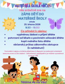 POZVÁNKA K ZÁPISU DO MATEŘSKÉ ŠKOLY PRO ŠK. ROK 2026/2027